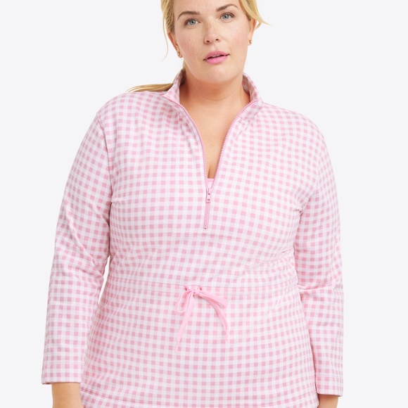 Draper James Cinch Waist Quarter-Zip in Pink Gingham size 1X - Picture 2 of 10